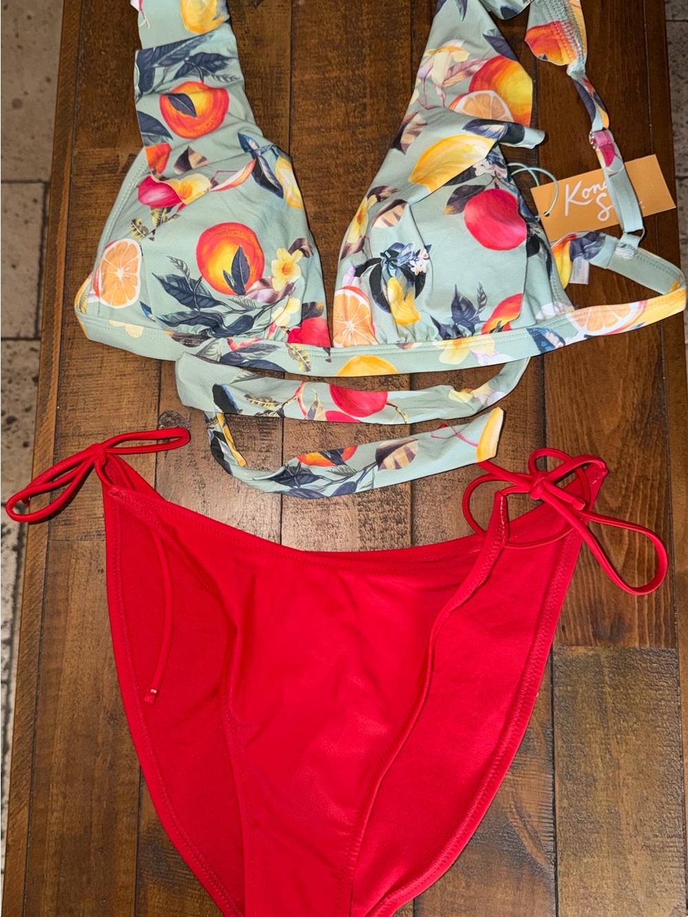 Two-Piece Swim Set - Fruit Print Top & Red Bottom